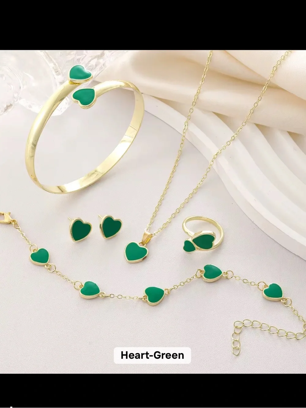 Gold-Tone Heart Jewelry Set with Green Enamel Accents
